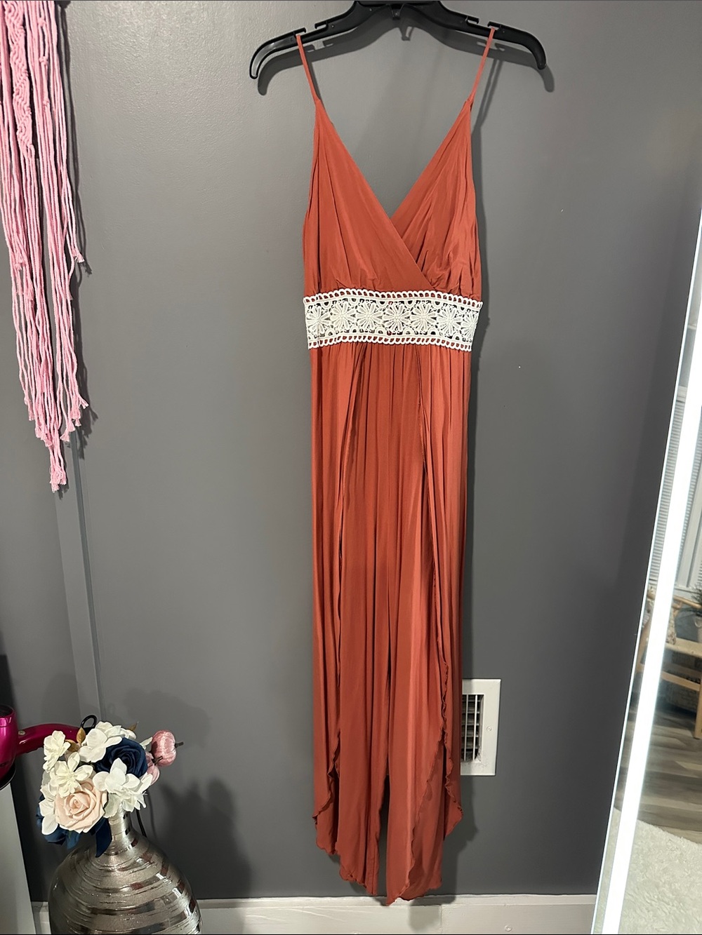 Spaghetti-Strap Rust Maxi Dress with Crochet Waist
